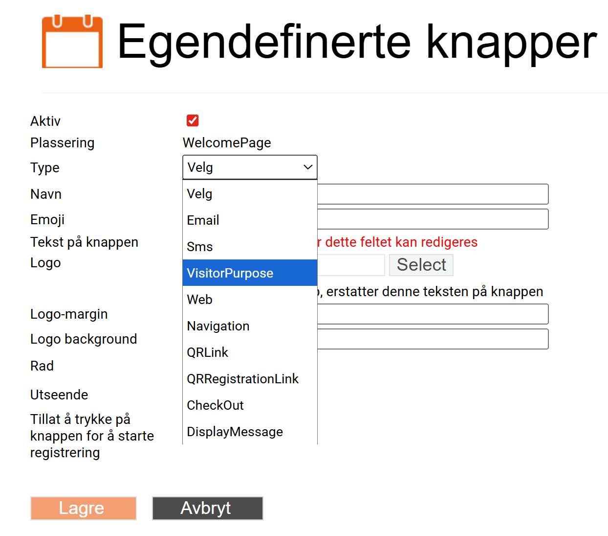 velg VisitorPurpose i lista over type knapp
