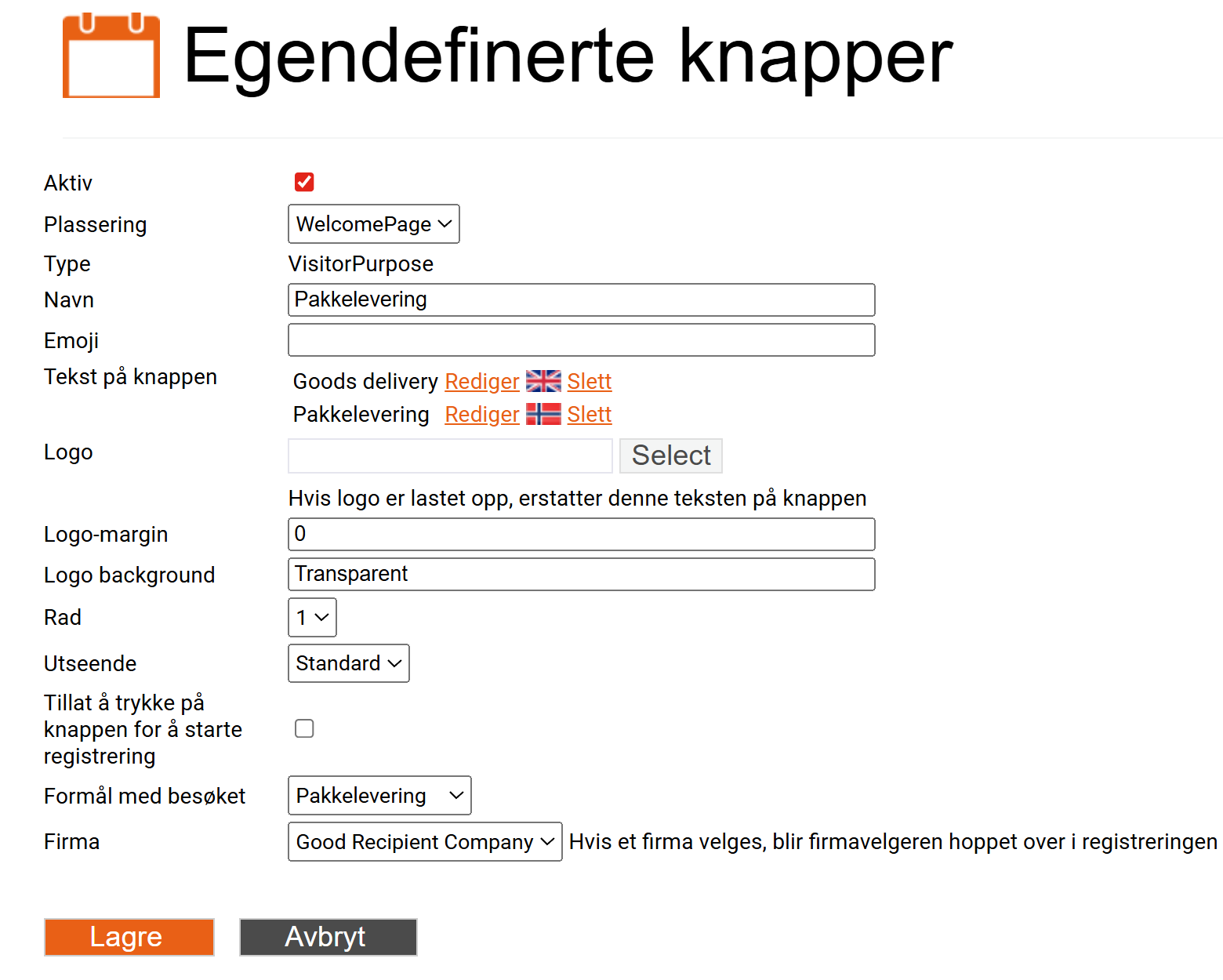 bilde som viser oppsett for egendefinert knapp. Les teksten i lista over for utfyllende informasjon om oppsett