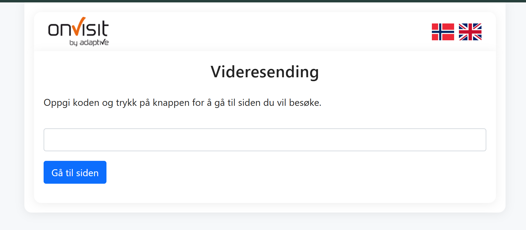 Siden for sikker videresending i onVisit. Siden inneholder språkvalg, informativ tekst, felt til innliming av kode, knapp for å gå videre etter koden har blitt limt inn