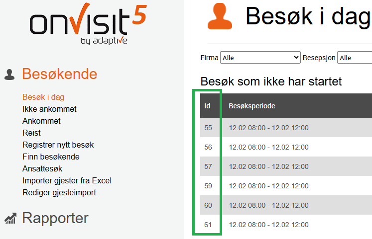 VisitId vises under kolonnen Id i besøksoversikten