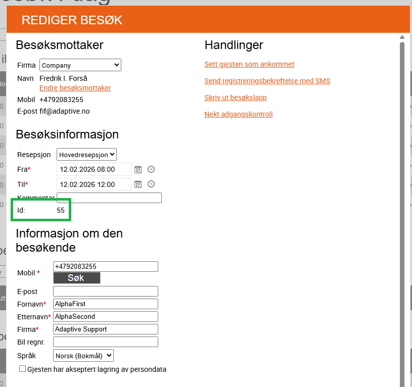 På siden for redigering av besøk vises Id under besøksinformasjon