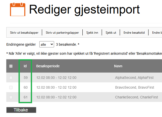 På siden for redigering av gjesteimport vises Id som en egen kolonne