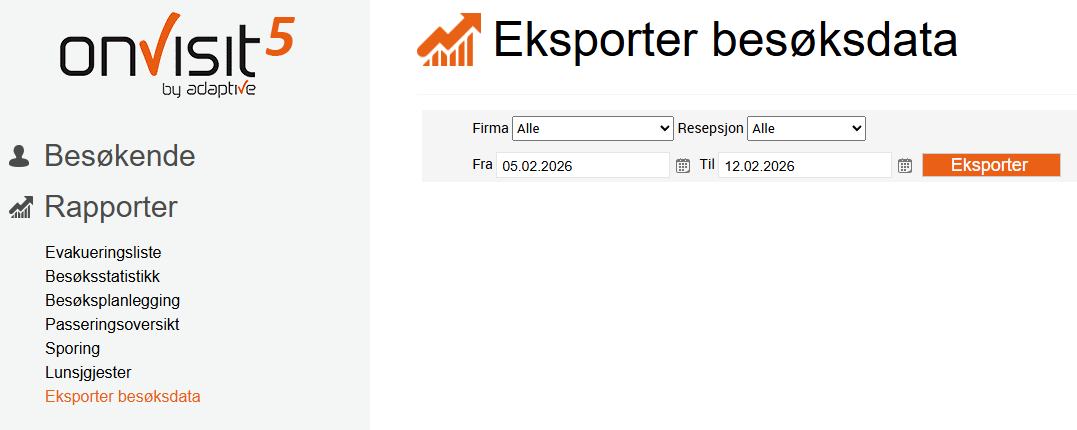 Velg siden eksporter besøksdata under rapporter, trykk deretter på eksporter etter å ha valgt ønsket intervall for dato