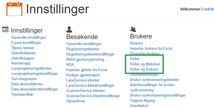 Viser hvor i adminweb administrering for roller befinner seg: "Roller", "Roller og tillatelser" og "Roller og brukere"