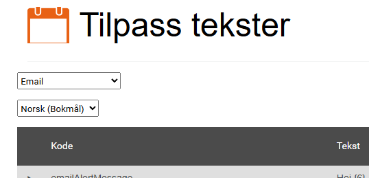Viser valget av epost og norsk bokmål på siden for redigering av tekster