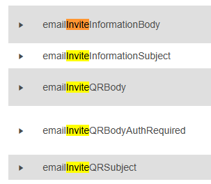 viser de ulike tekstkodene som skal redigeres for å endre innholdet til epostene relatert til onVisit Invite