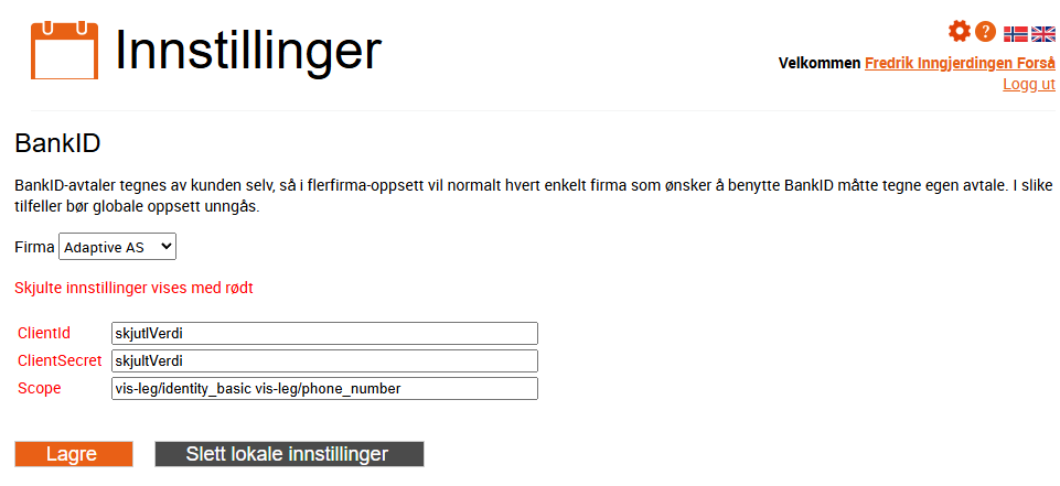 bildet viser grensesnittet for å angi ClientId, ClientSecret og Scope til oppsett av BankID