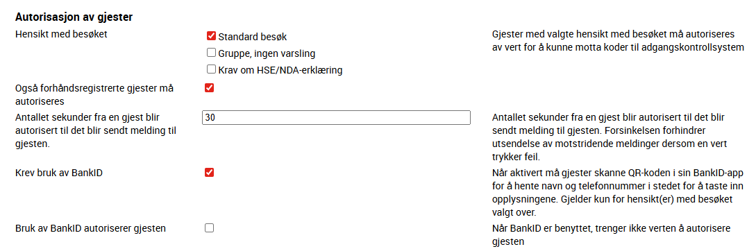 Innstillinger for autorisasjon av gjester og BankID i onVisits kontrollpanel