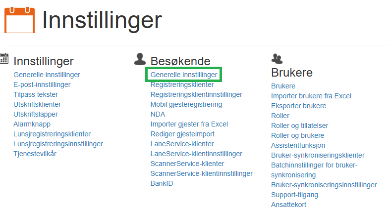 Velg Generelle innstillinger under besøkende for endre innstillinger relatert til BankID