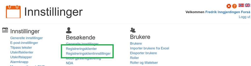 Kontrollpanelet i onVisit, registreringsklienter og registreringsklientinnstillinger er markert.