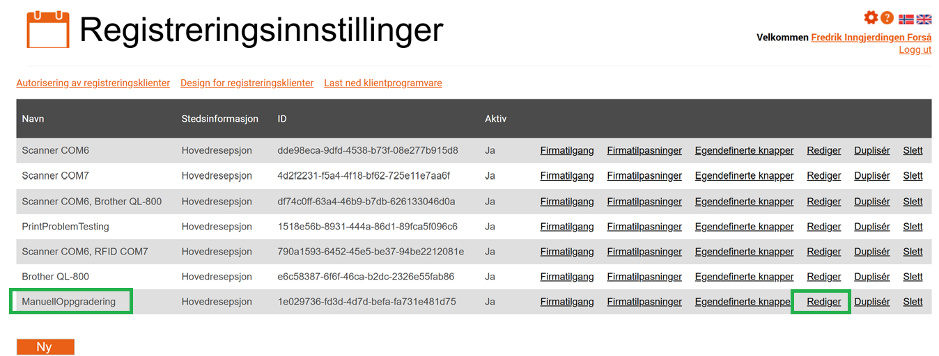 Siden for registreringsinnstillinger, oppsettet "ManuellOppgradering" og tilhørende "Rediger"-knapp er markert