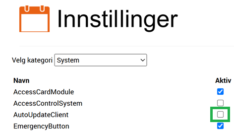 Innstillinger kun for adaptive, valget AutoUpdateClient er deaktivert