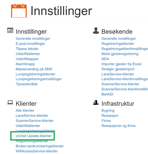 Kontrollpanelet i onVisit hvor "onVisit Update-klienter"-knappen er markert