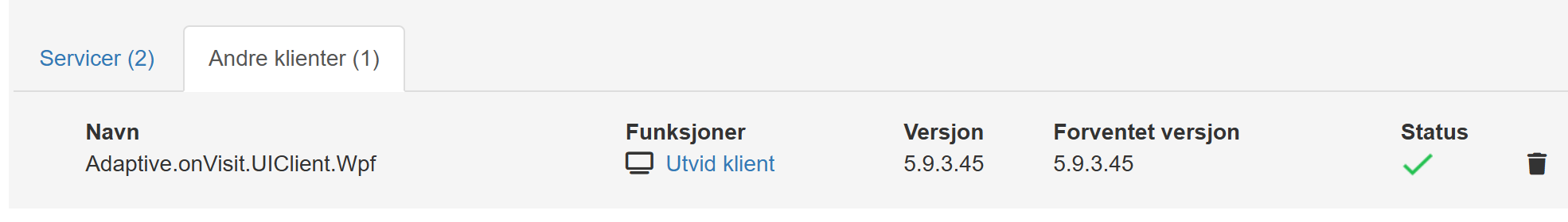 Grensesnittet til ferdig oppgradert klient, versjonsnummeret er nå det samme som forventet versjon. 