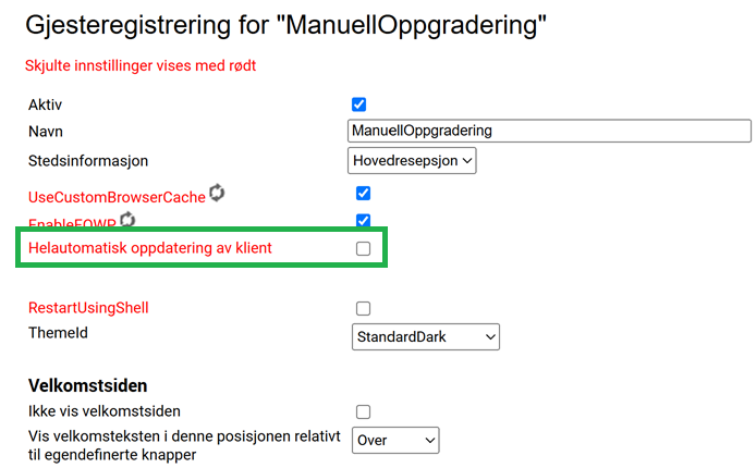 Valget "Helautomatisk oppdatering av klient" er deaktivert