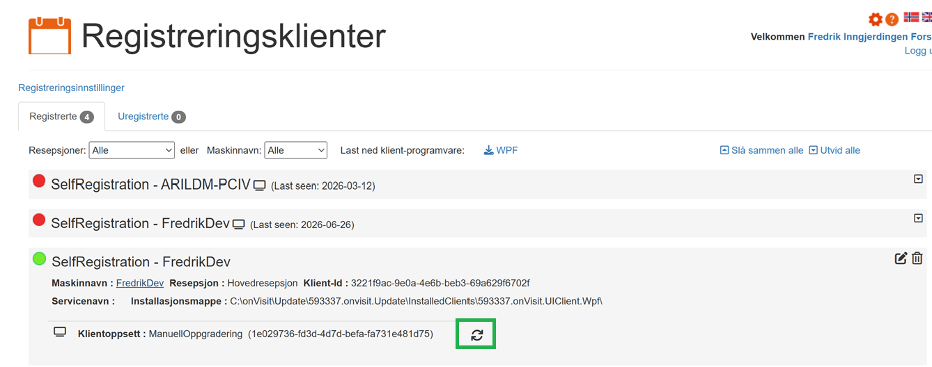 Siden for registreringsklienter, oppdateringsikonet til klienten med det redigerte oppsettet er markert