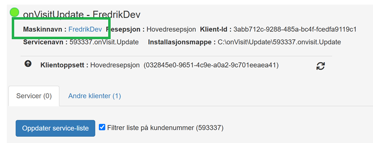 Grensesnittet for Update-klient, maskinnavnet er markert