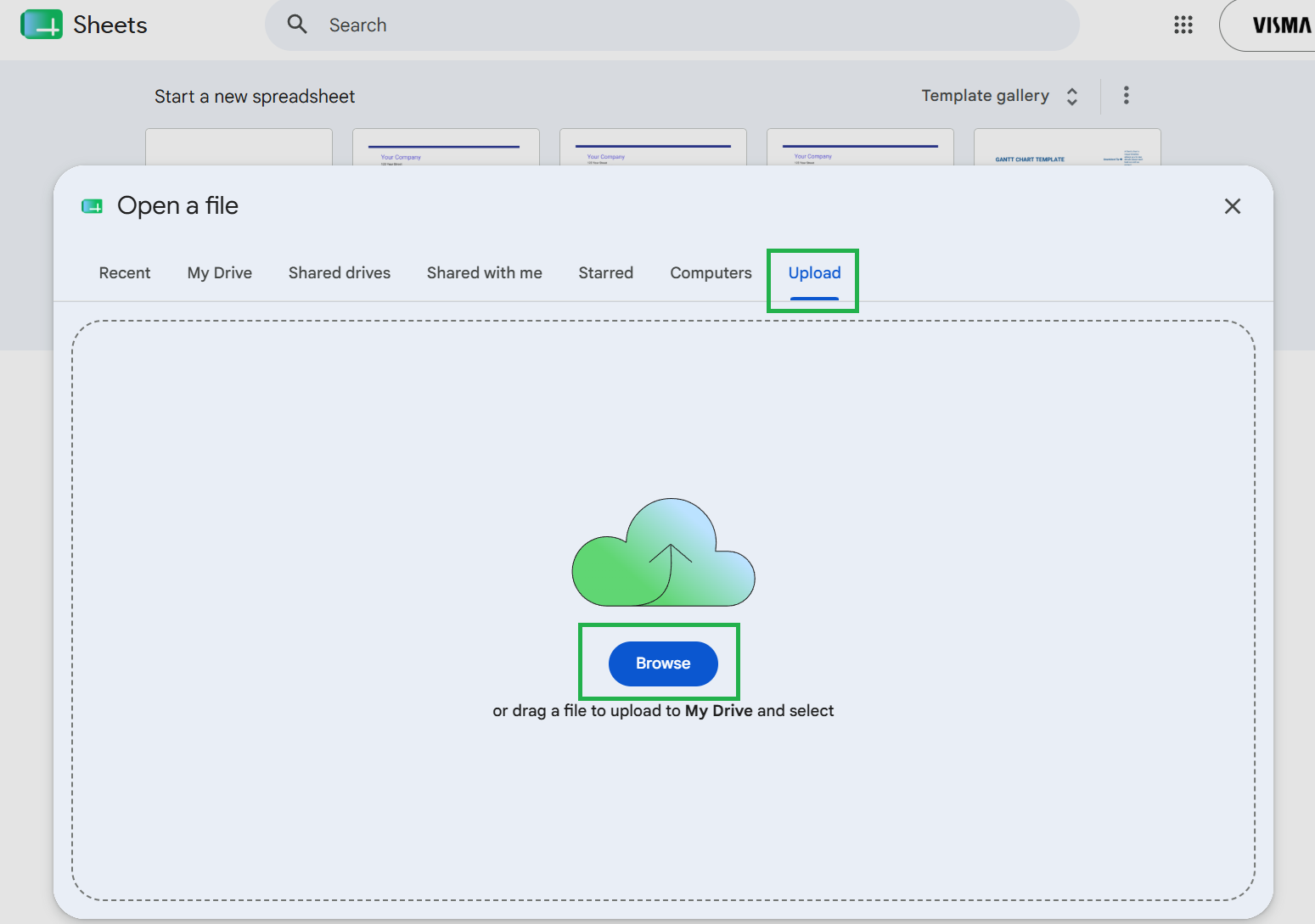 Skjermbildet av "Open a file", upload-fanen og browse-knappen er markert