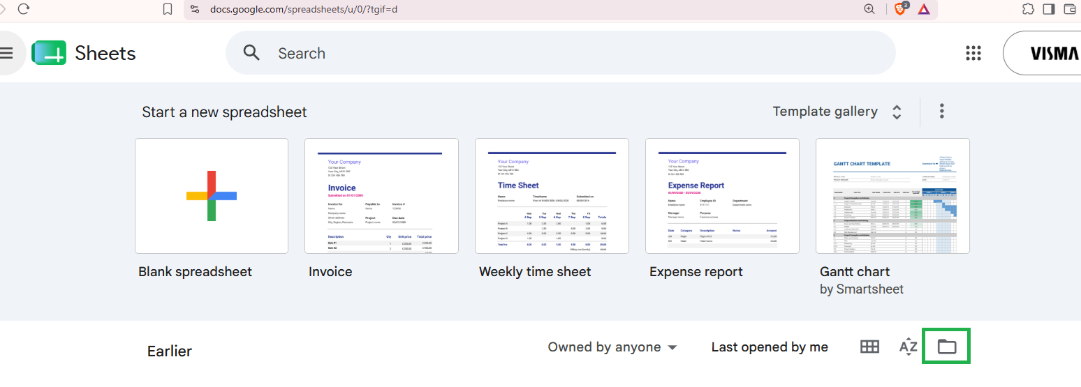 Skjermbilde av sheets.google.com, hvor mappeikonet "open file picker" er markert