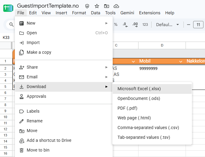 Viser menyvalgene File - Download - Microsoft Excel (.xlsx)